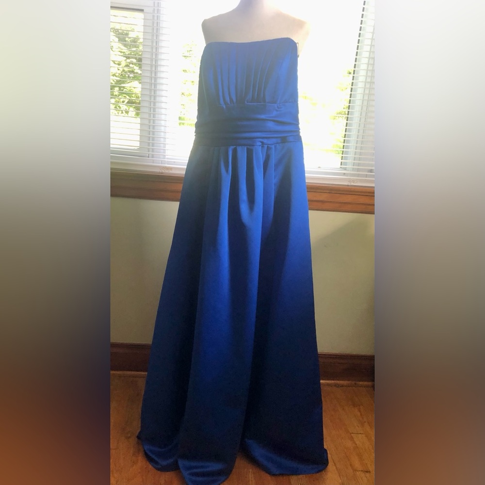David's Bridal Blue Strapless, Full Length A-Line Dress with Ruched Details
